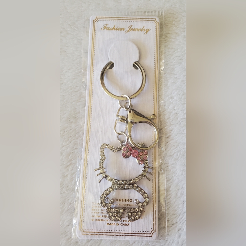 NIP Kitty Cat Bag Charm Keychain Silver & Pink